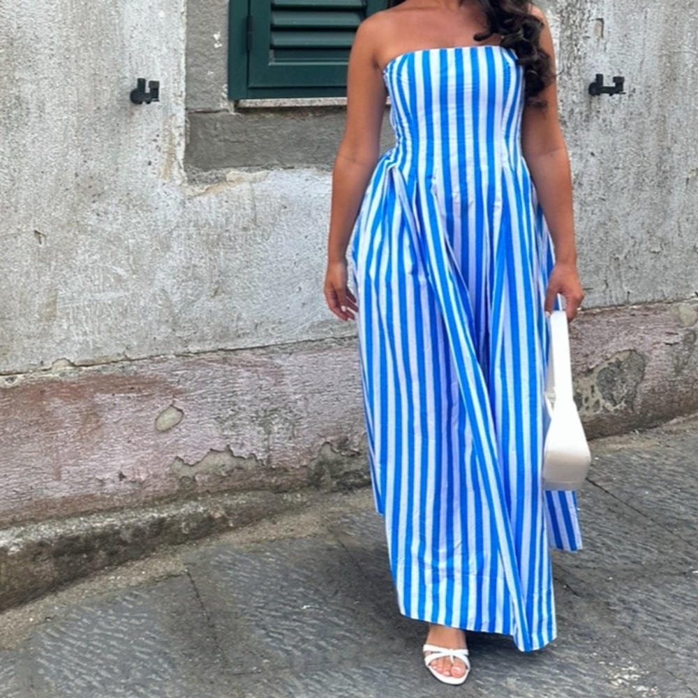 AQUA Blue and White Strapless Striped Dress